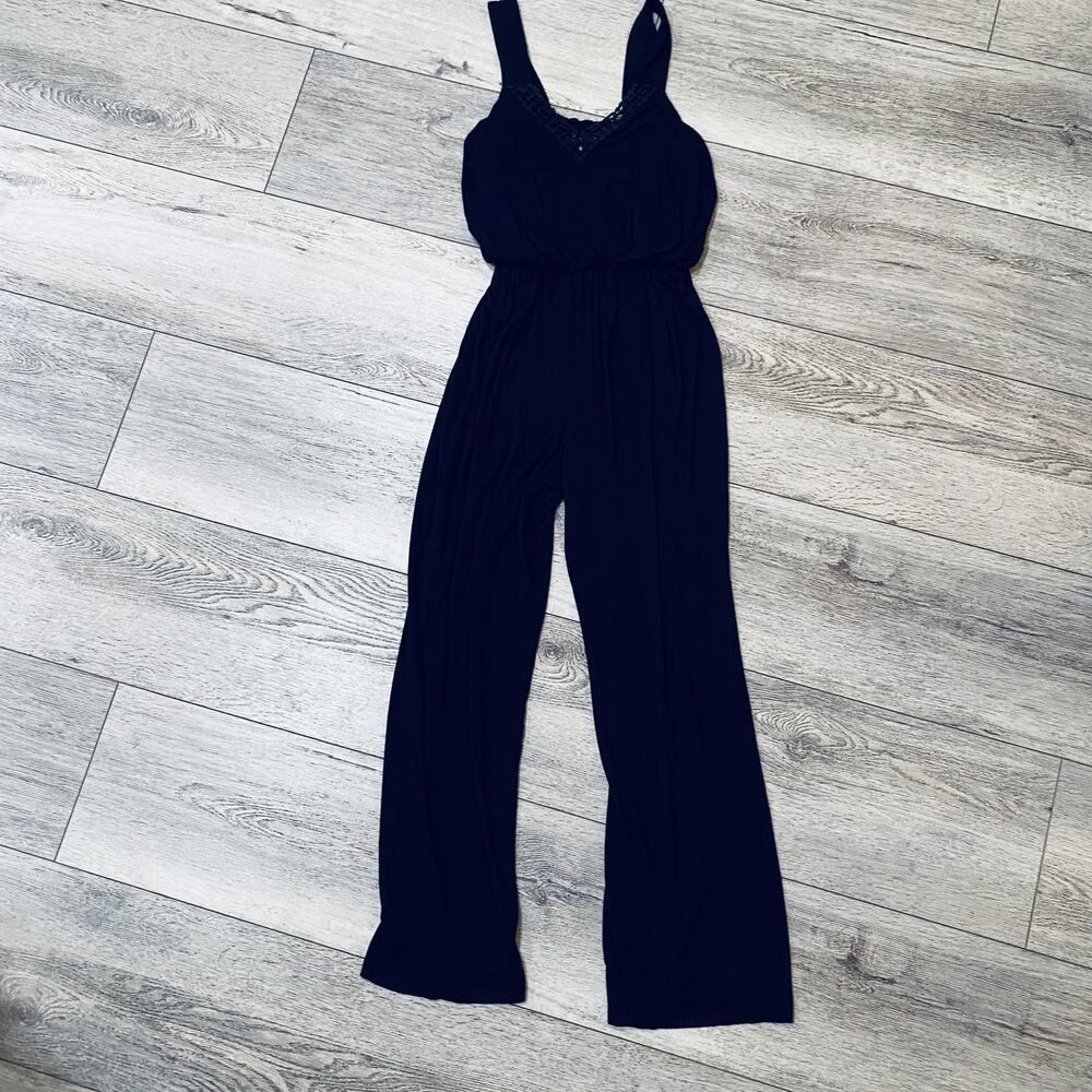 Soma Jumpsuit Womens Small Black Sleeveless Wide Leg Cropped Lace Trim V Neck